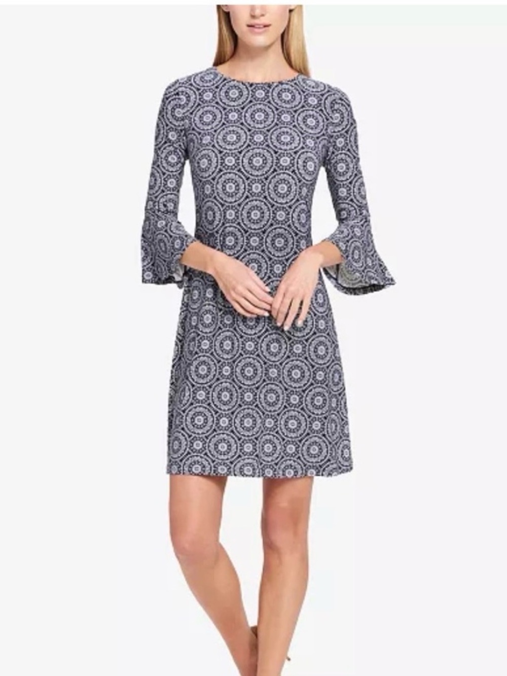 Tommy Hilfiger Navy and White Medallion Bell-Sleeve Jersey Shift Mini Dress